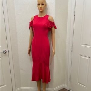 Theia Red Ruffled Silky Mermaid Dress Size 0 Scoop Neck Cutout Flutter Sleeve